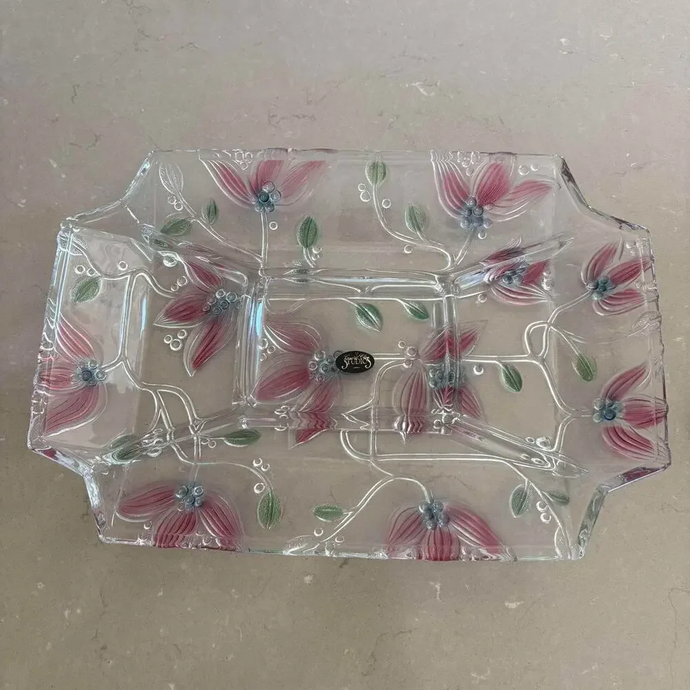 Vintage Crystal Clear Studios Japan Floral Divided Relish Tray Pink Flowers